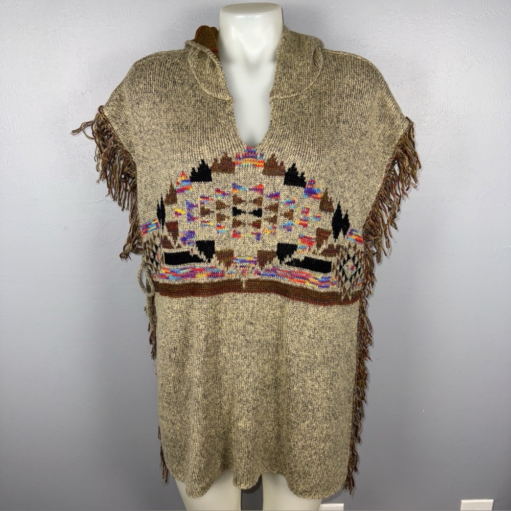 Elan Sweater Poncho OS Multicolor‎ Hooded Side Ties Fringe Aztec